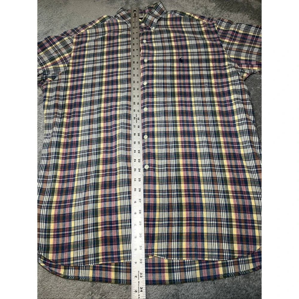VTG Ralph Lauren Mcmeel Short Sleeve Plaid Polo Button Down Shirt Navy Pony SZ L